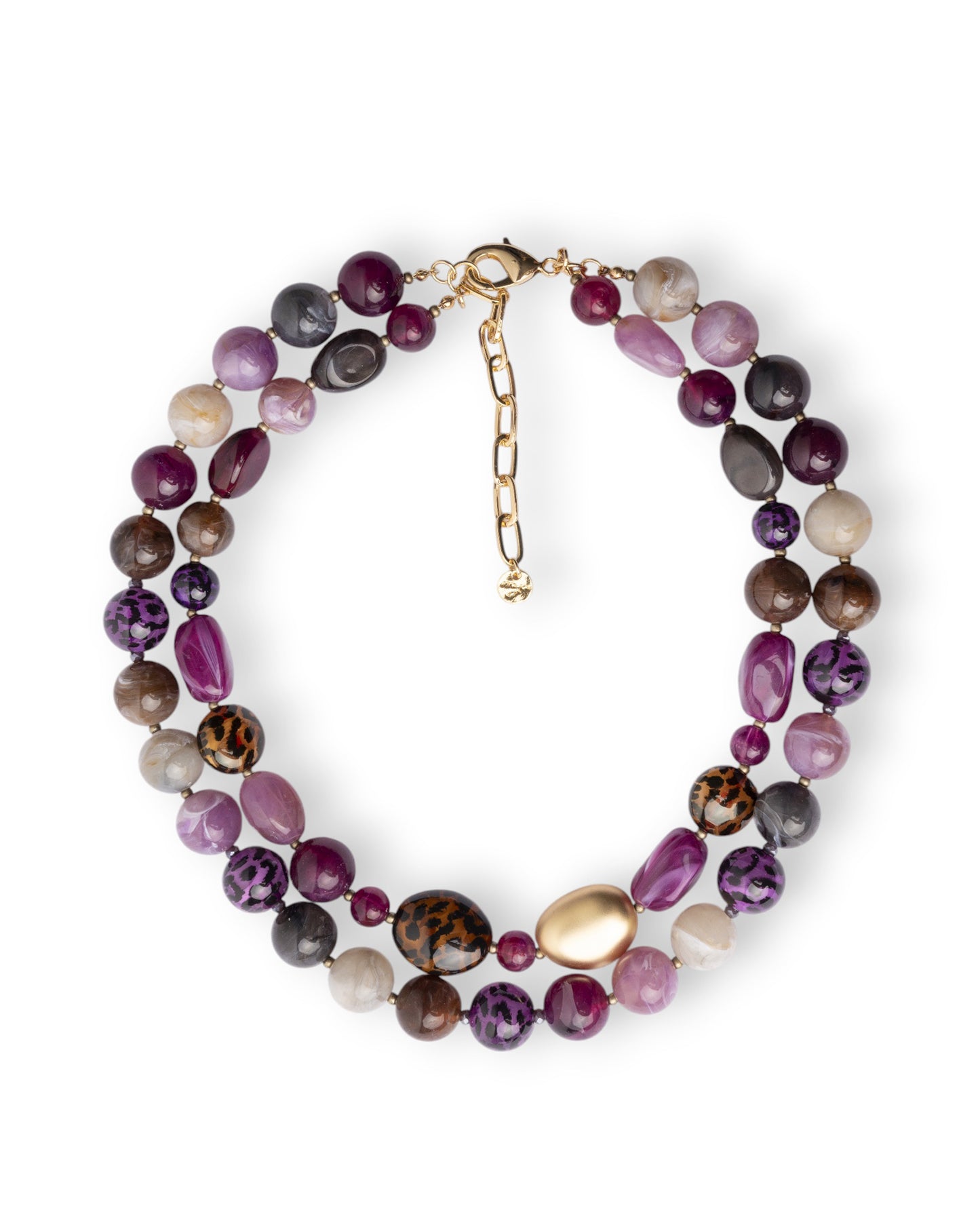Collana girocollo a due fili con pietre in vetro ed acrilico animalier tono viola
