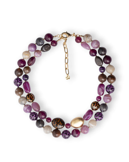 Collana girocollo a due fili con pietre in vetro ed acrilico animalier tono viola