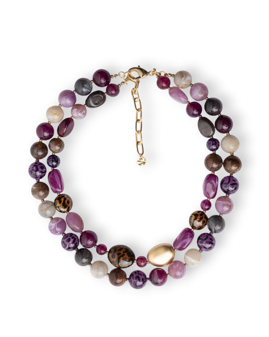 Collana girocollo a due fili con pietre in vetro ed acrilico animalier tono viola