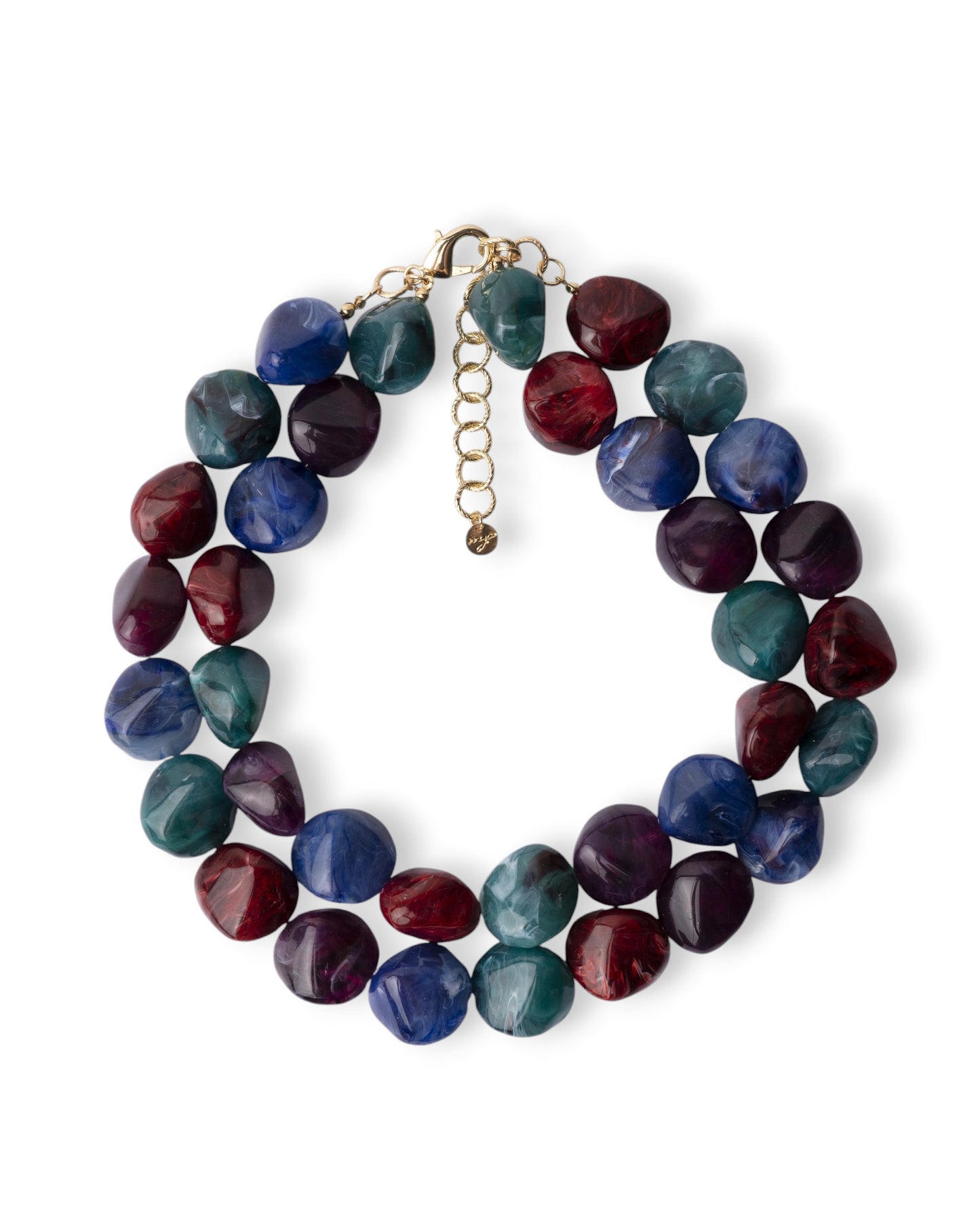Collana girocollo a due fili con pietre grandi in acrilico tono rosso e blu