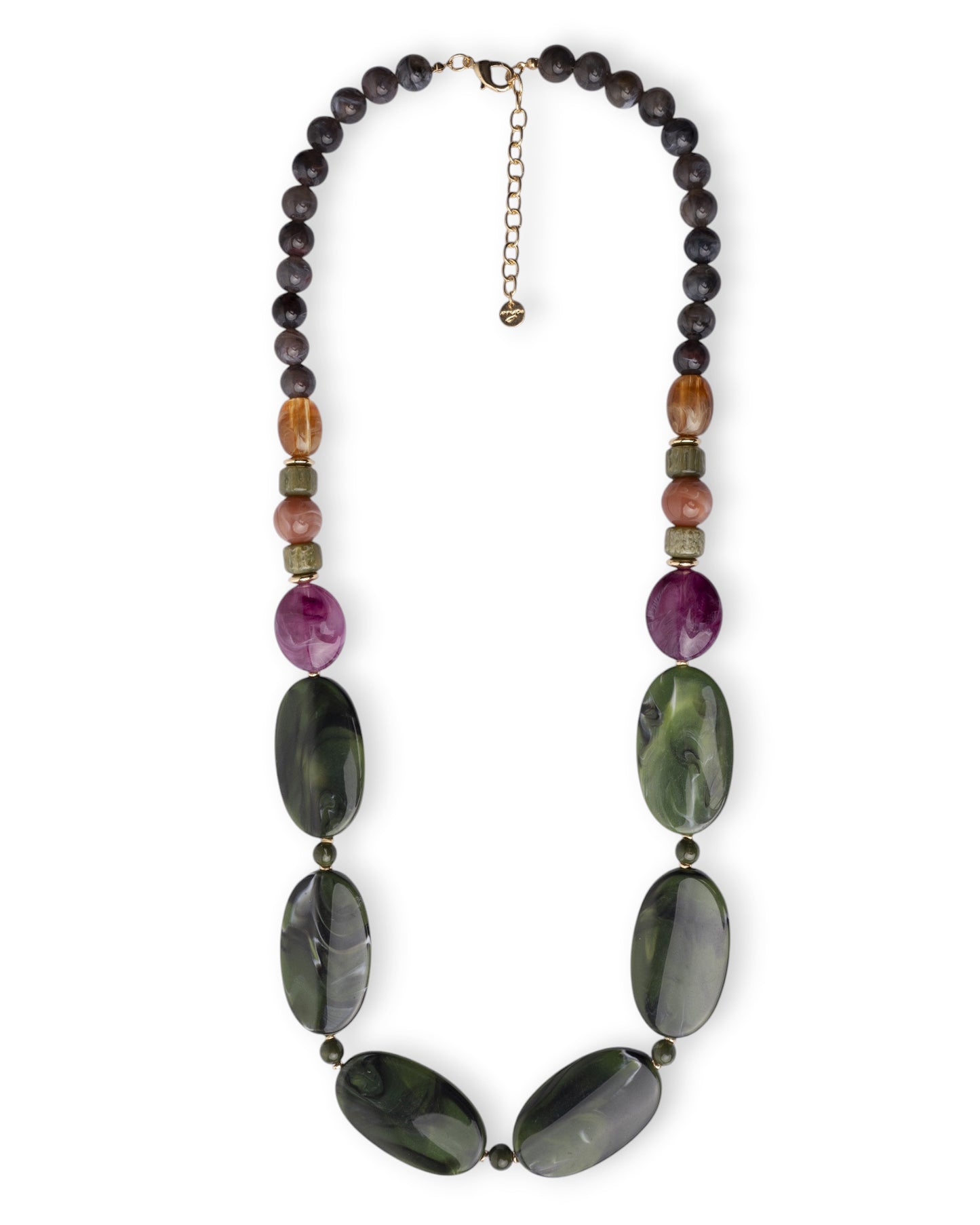 Collana lunga con pietre in acrilico e resina verde e grigio