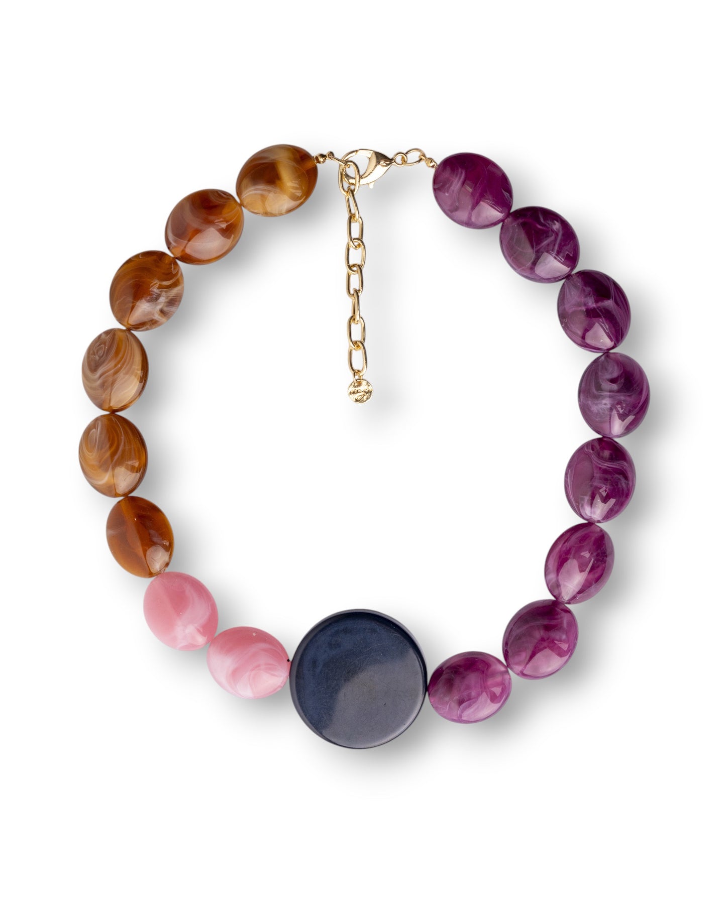 Collana girocollo in acrilico con pietre marrone e viola