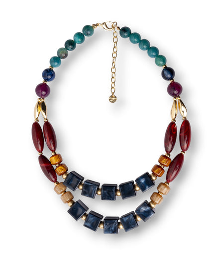 Collana multi fili con pietre in acrilico e resina tono blu