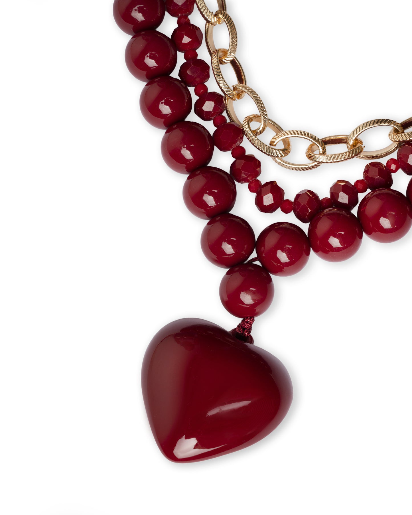 Collana a due fili con pietre in acrilico e vetro, pendente a cuore rosso