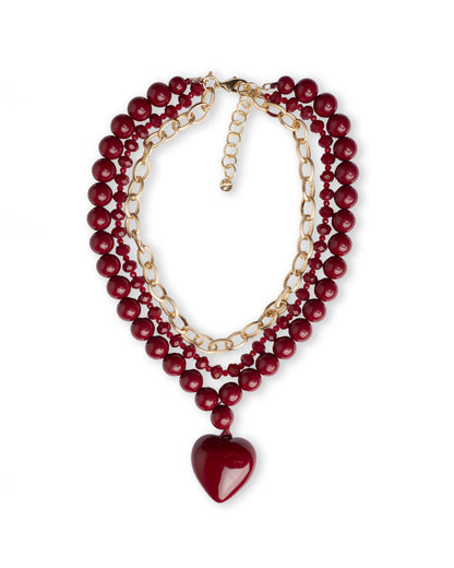 Collana a due fili con pietre in acrilico e vetro, pendente a cuore rosso