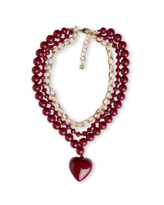 Collana a due fili con pietre in acrilico e vetro, pendente a cuore rosso