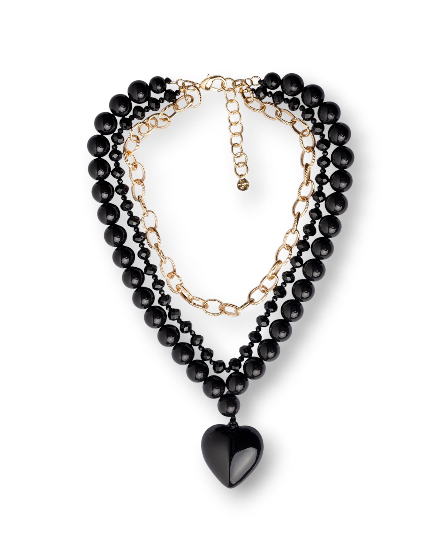 Collana a tre fili con pietre in acrilico e vetro e catena in metallo, pendente a cuore nero