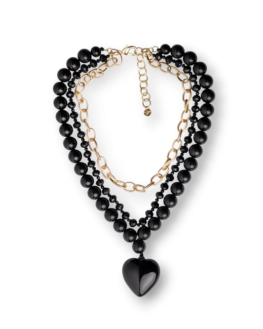 Collana a tre fili con pietre in acrilico e vetro e catena in metallo, pendente a cuore nero
