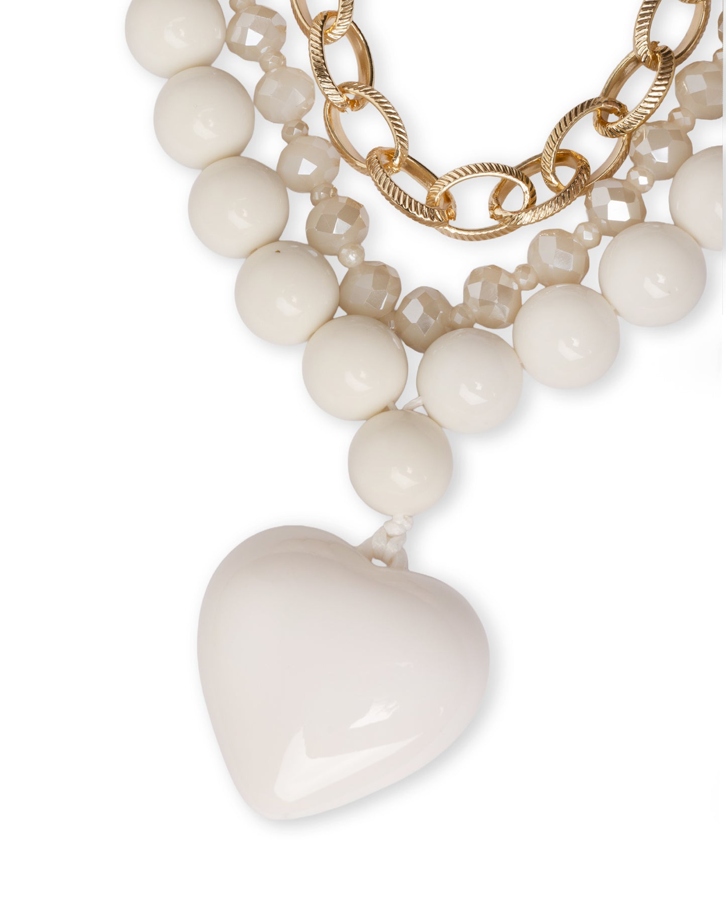 Collana a due fili con pietre in acrilico e vetro, pendente a cuore bianco