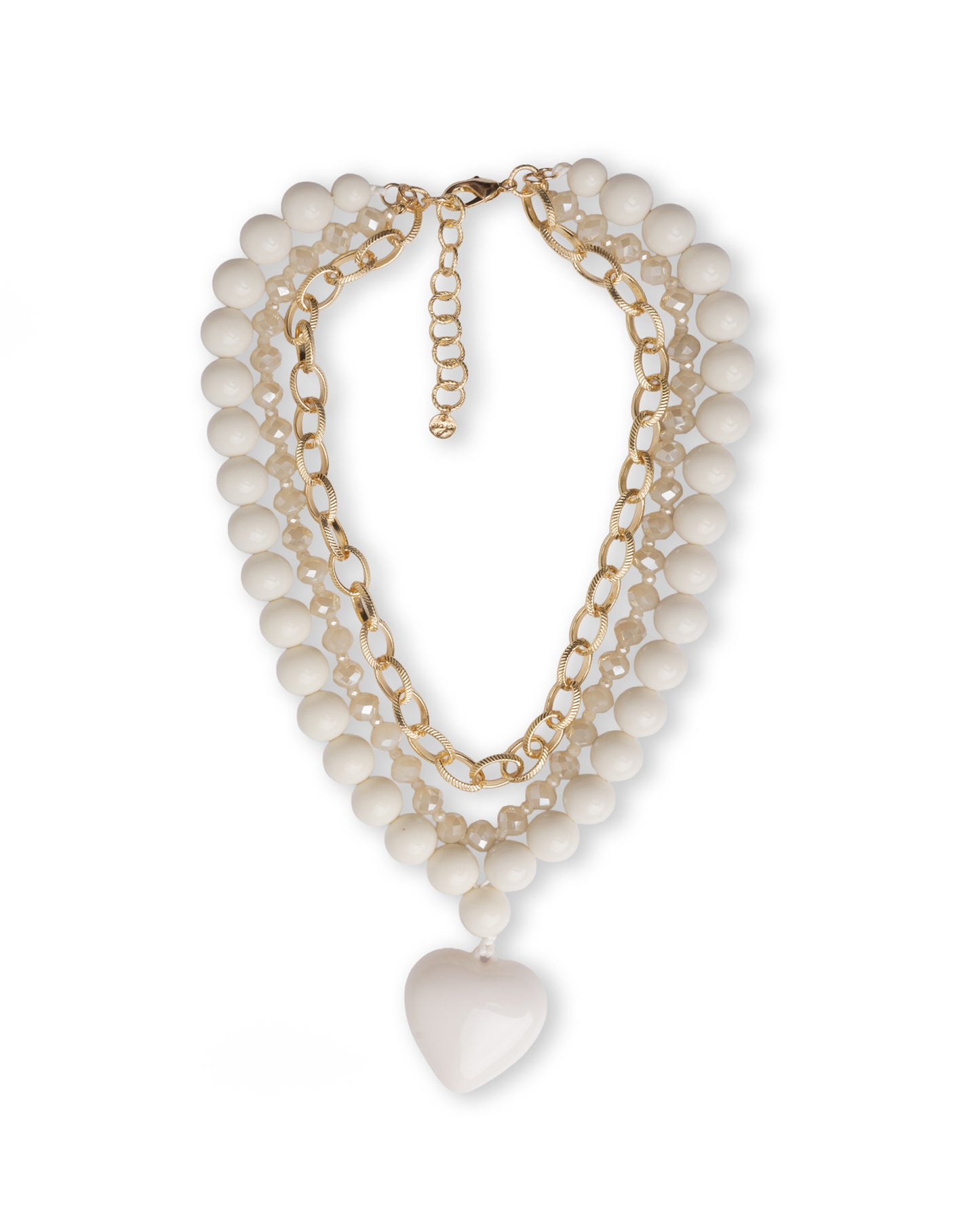 Collana a due fili con pietre in acrilico e vetro, pendente a cuore bianco
