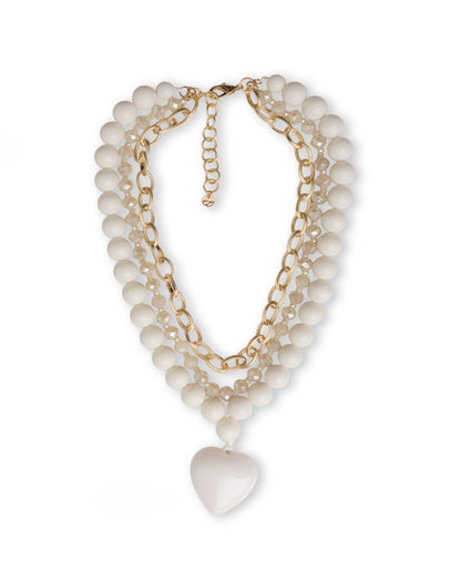 Collana a due fili con pietre in acrilico e vetro, pendente a cuore bianco