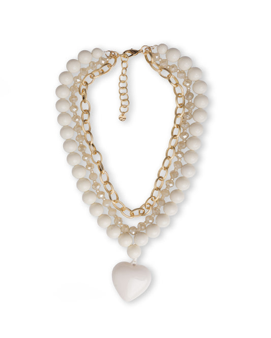 Collana a due fili con pietre in acrilico e vetro, pendente a cuore bianco