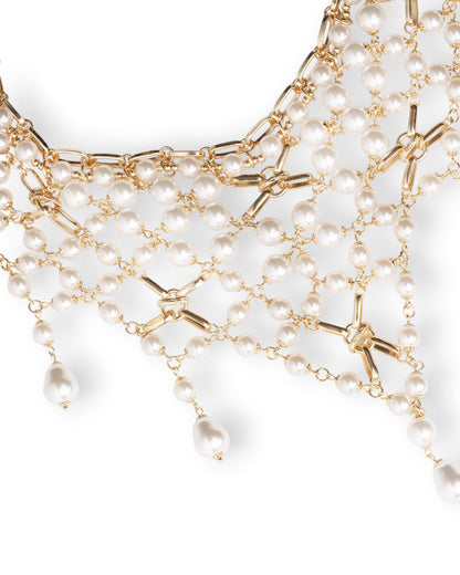 Collana girocollo design a rete in metallo con cascata di perle in vetro