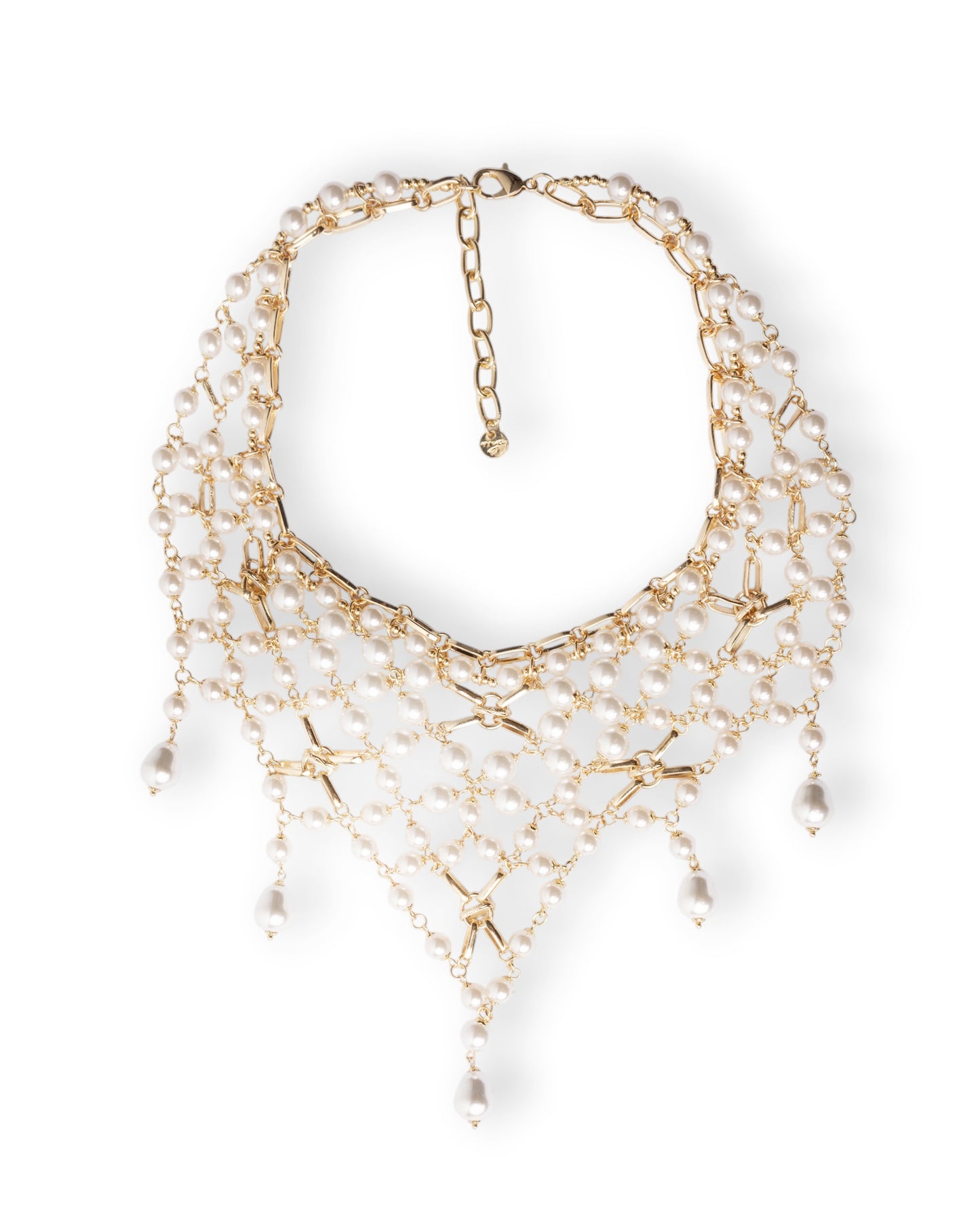 Collana girocollo design a rete in metallo con cascata di perle in vetro