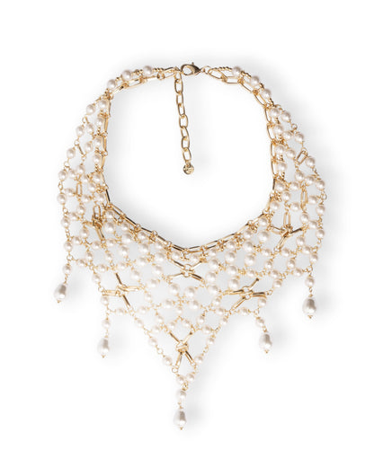 Collana girocollo design a rete in metallo con cascata di perle in vetro