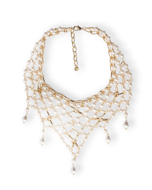Collana girocollo design a rete in metallo con cascata di perle in vetro