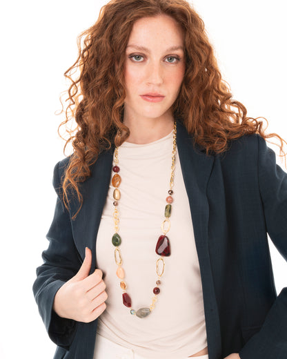 Collana lunga a catena con pietre in acrilico multicolore