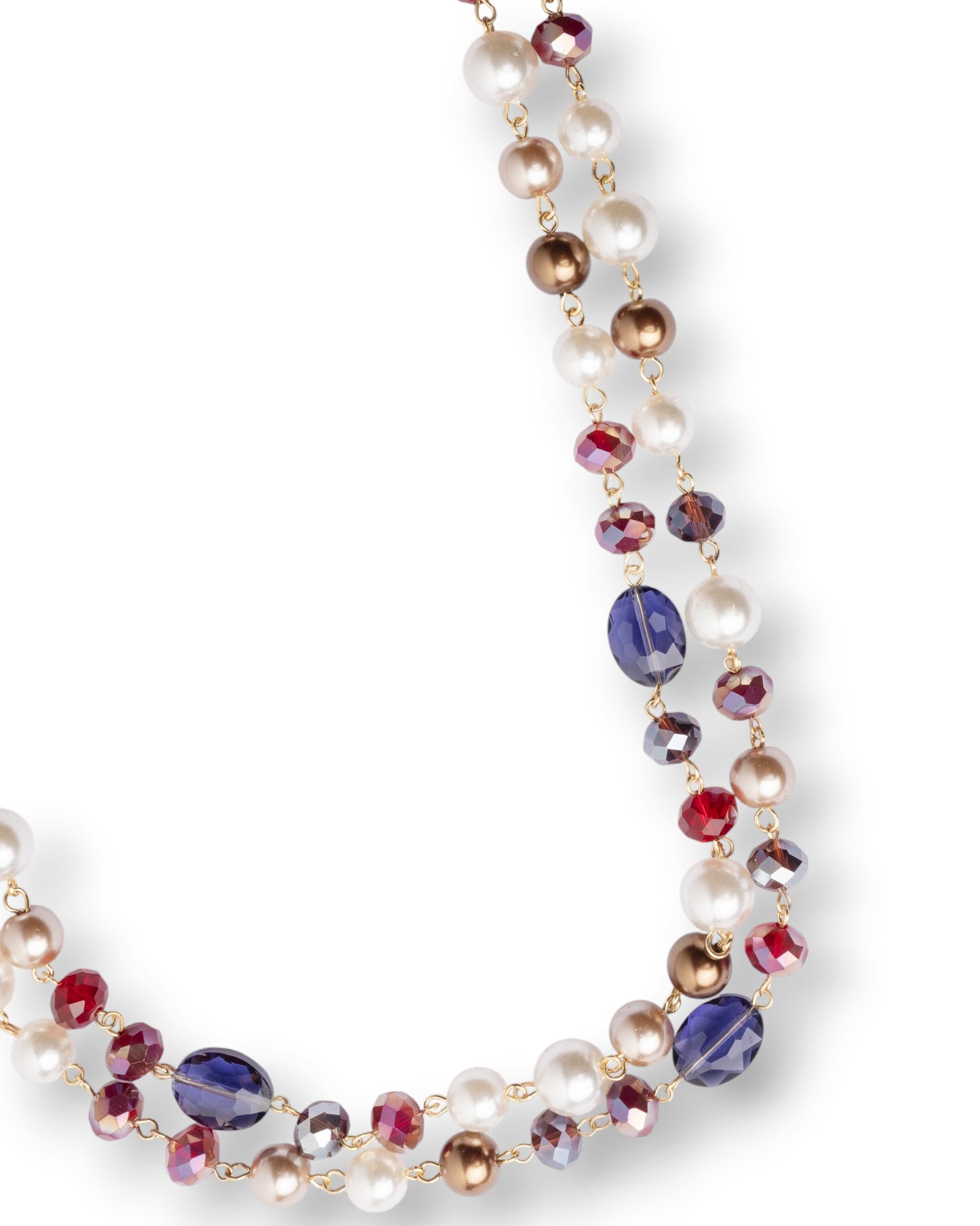 Collana lunga a due fili con pietre in vetro tono rosso ed indaco
