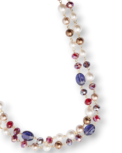 Collana lunga a due fili con pietre in vetro tono rosso ed indaco