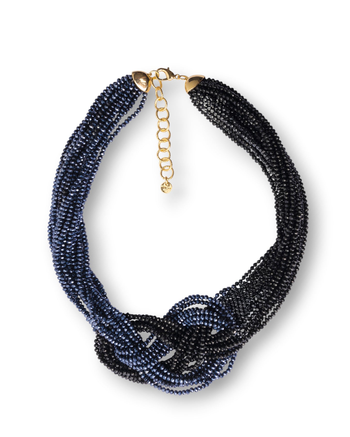 Collana girocollo multi filo con pietre in vetro nere e blu con design a nodo