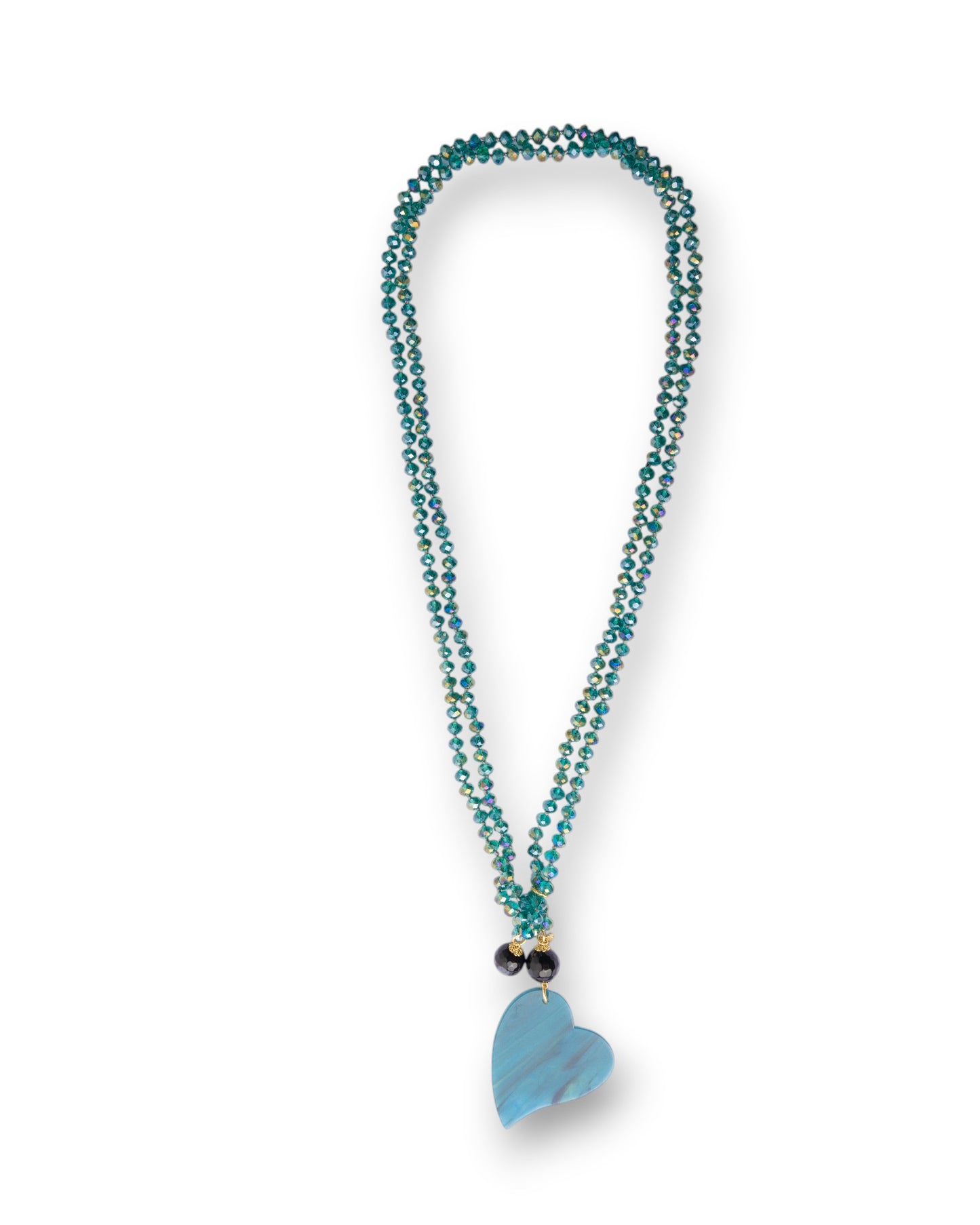 Collana lunga a due fili con pietre in vetro petrolio e pendente a cuore
