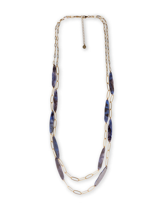 Collana lunga a due fili a catena con inserti in acrilico tono blu