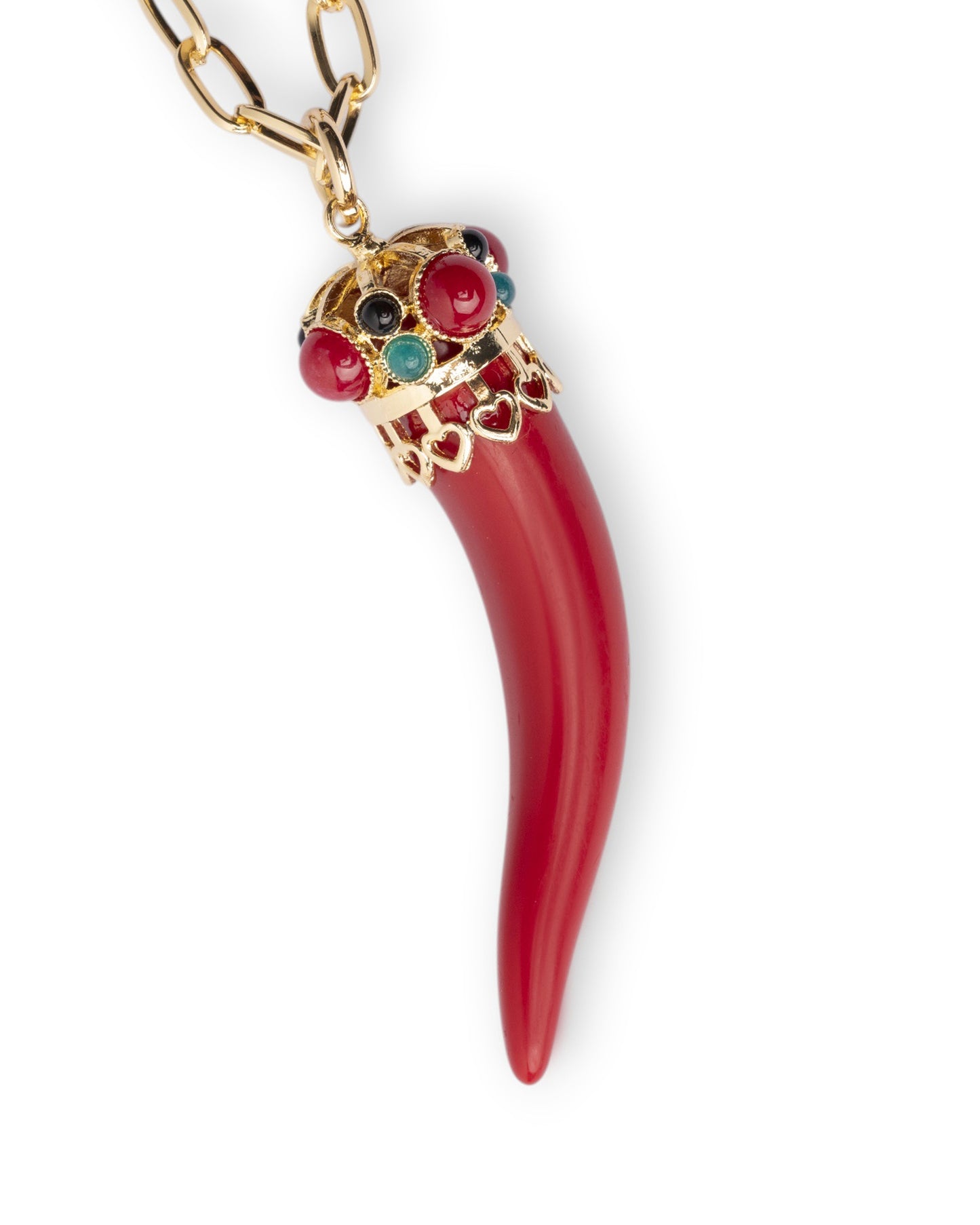 Collana lunga a catena con pendente in acrilico a forma di corno rosso