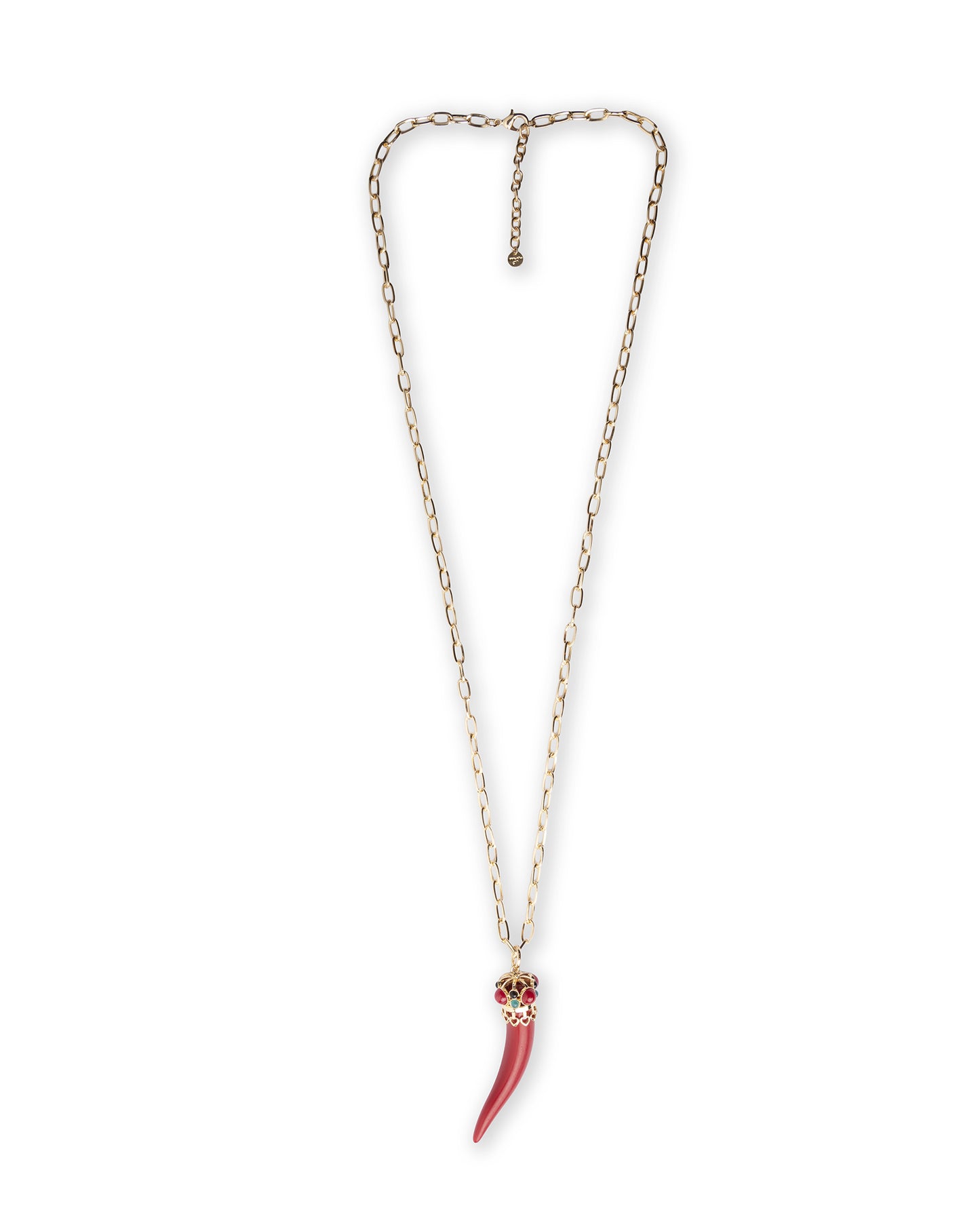 Collana lunga a catena con pendente in acrilico a forma di corno rosso