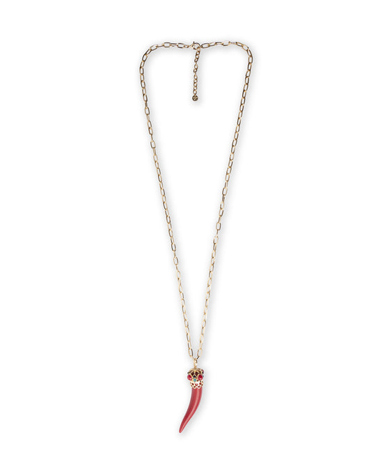 Collana lunga a catena con pendente in acrilico a forma di corno rosso