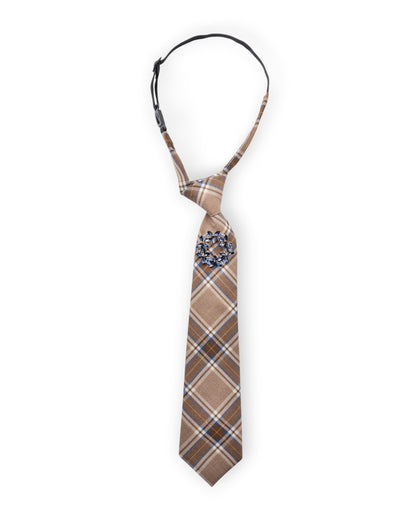 Cravatta tartan beige/marrone elastica con spilla in vetro azzurra