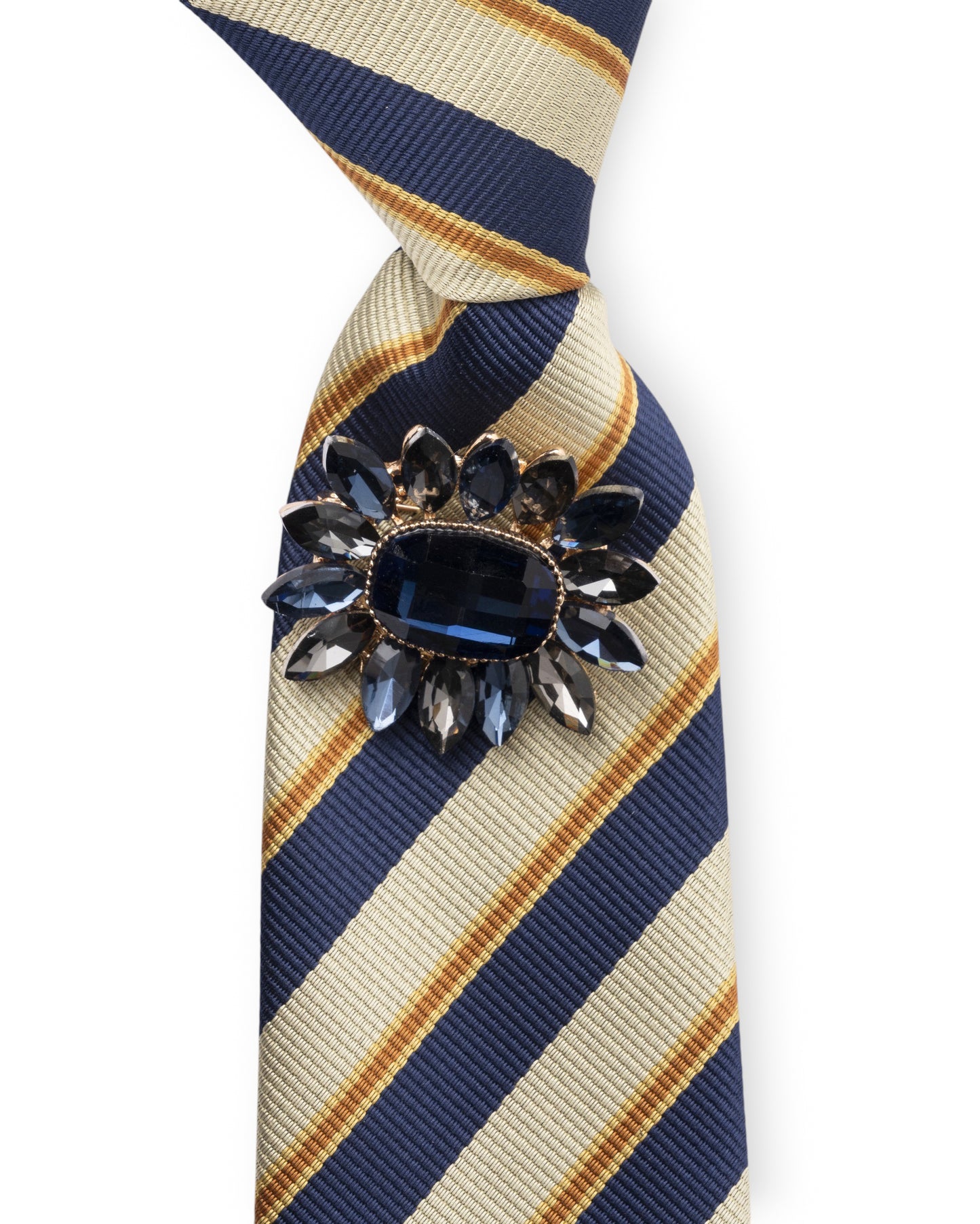Cravatta elastica rigata blu e beige con spilla in vetro a fiore blu