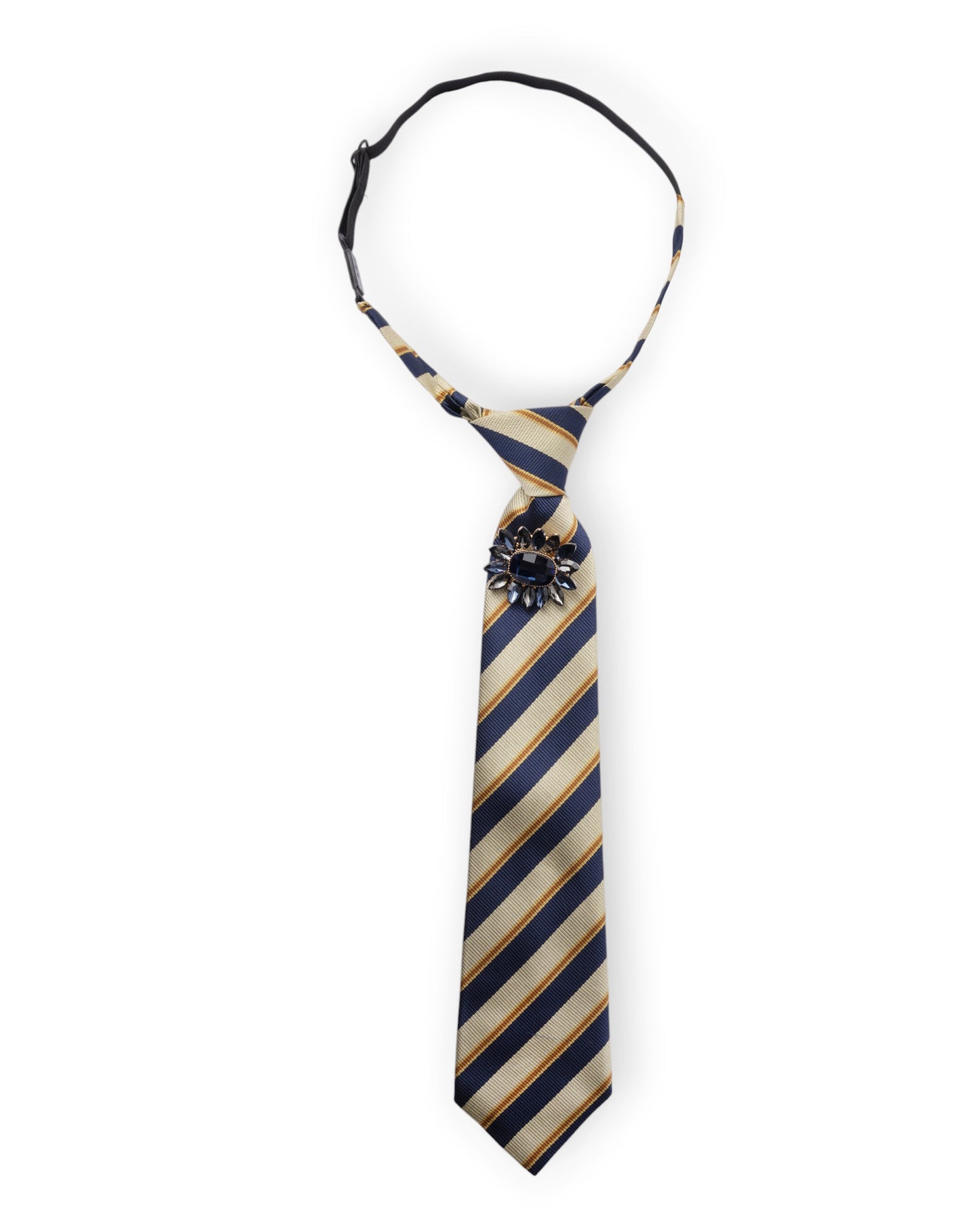 Cravatta elastica rigata blu e beige con spilla in vetro a fiore blu