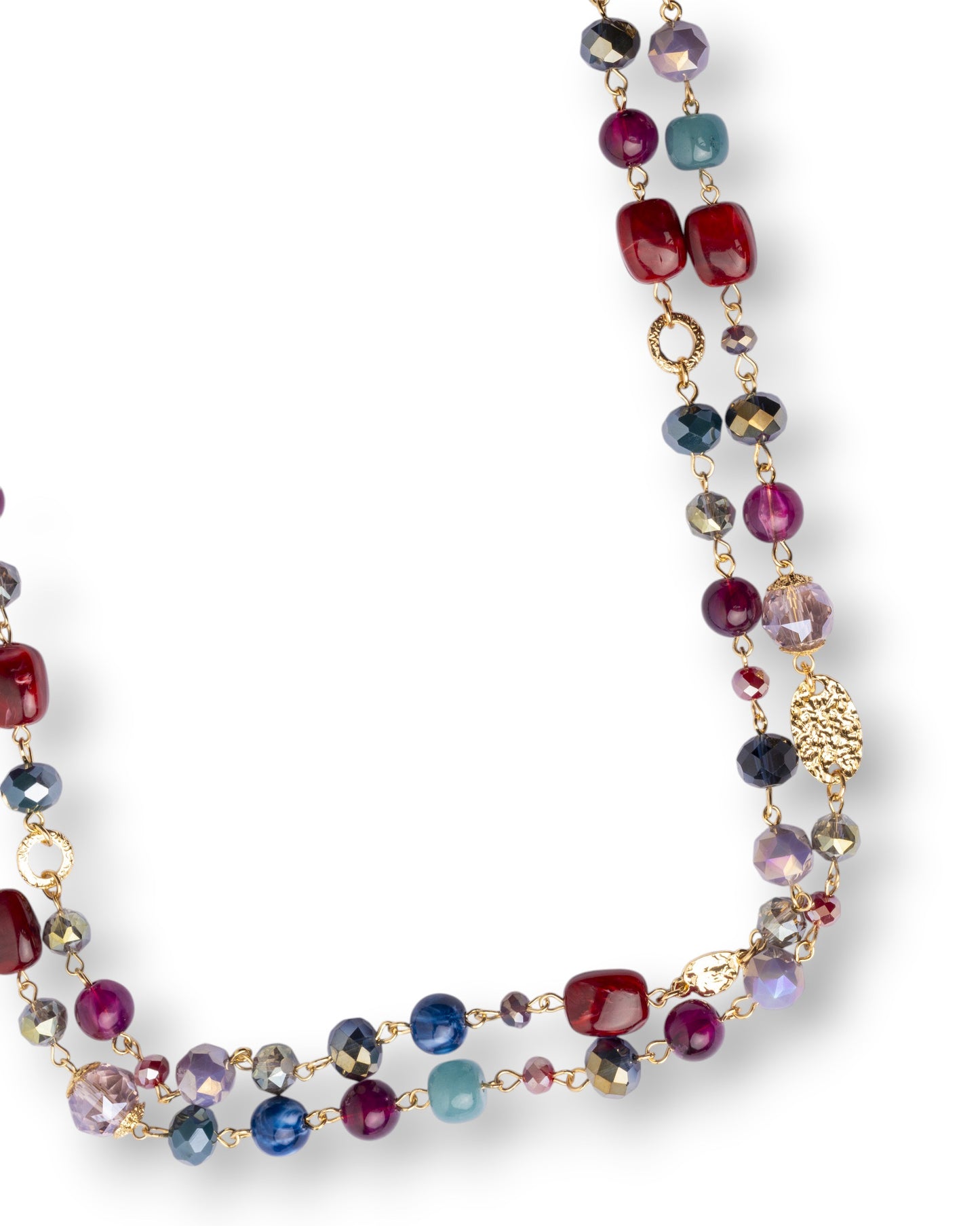 Collana lunga con mix di pietre in acrilico e vetro blu e rossa