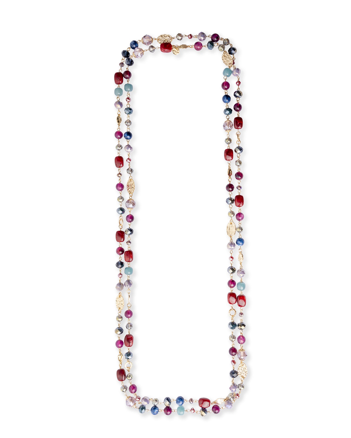 Collana lunga con mix di pietre in acrilico e vetro blu e rossa