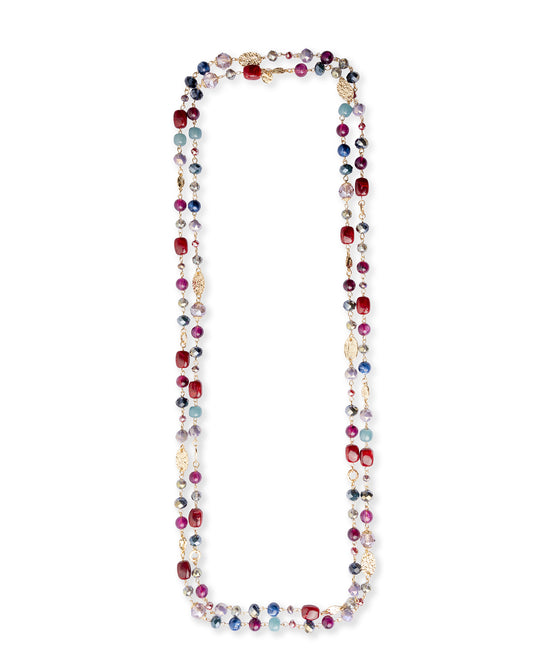 Collana lunga con mix di pietre in acrilico e vetro blu e rossa