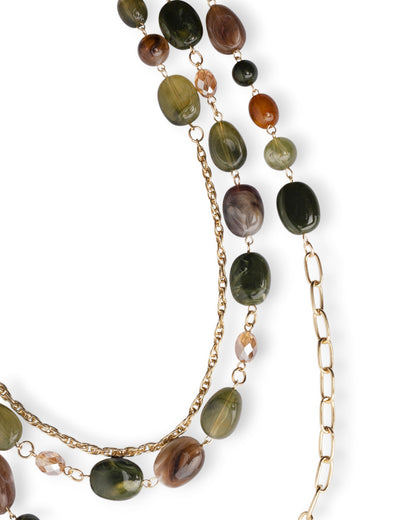 Collana lunga multi filo a catena con mix di pietre in acrilico tono verde oliva