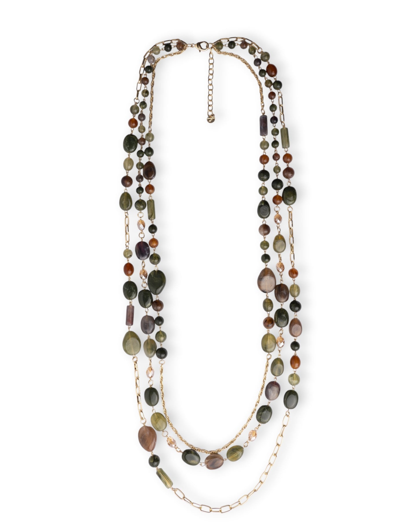 Collana lunga multi filo a catena con mix di pietre in acrilico tono verde oliva