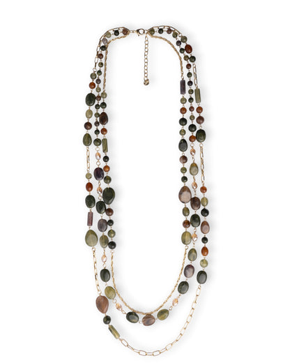Collana lunga multi filo a catena con mix di pietre in acrilico tono verde oliva