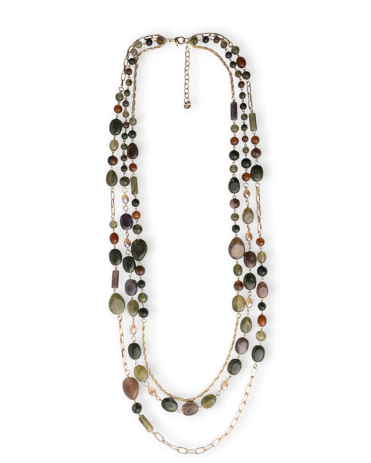 Collana lunga multi filo a catena con mix di pietre in acrilico tono verde oliva