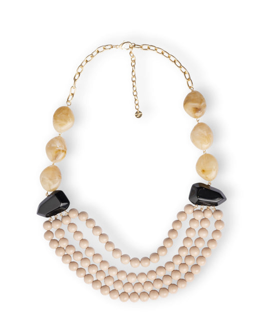 Collana multi filo con mix di pietre in resina ed acrilico tono beige