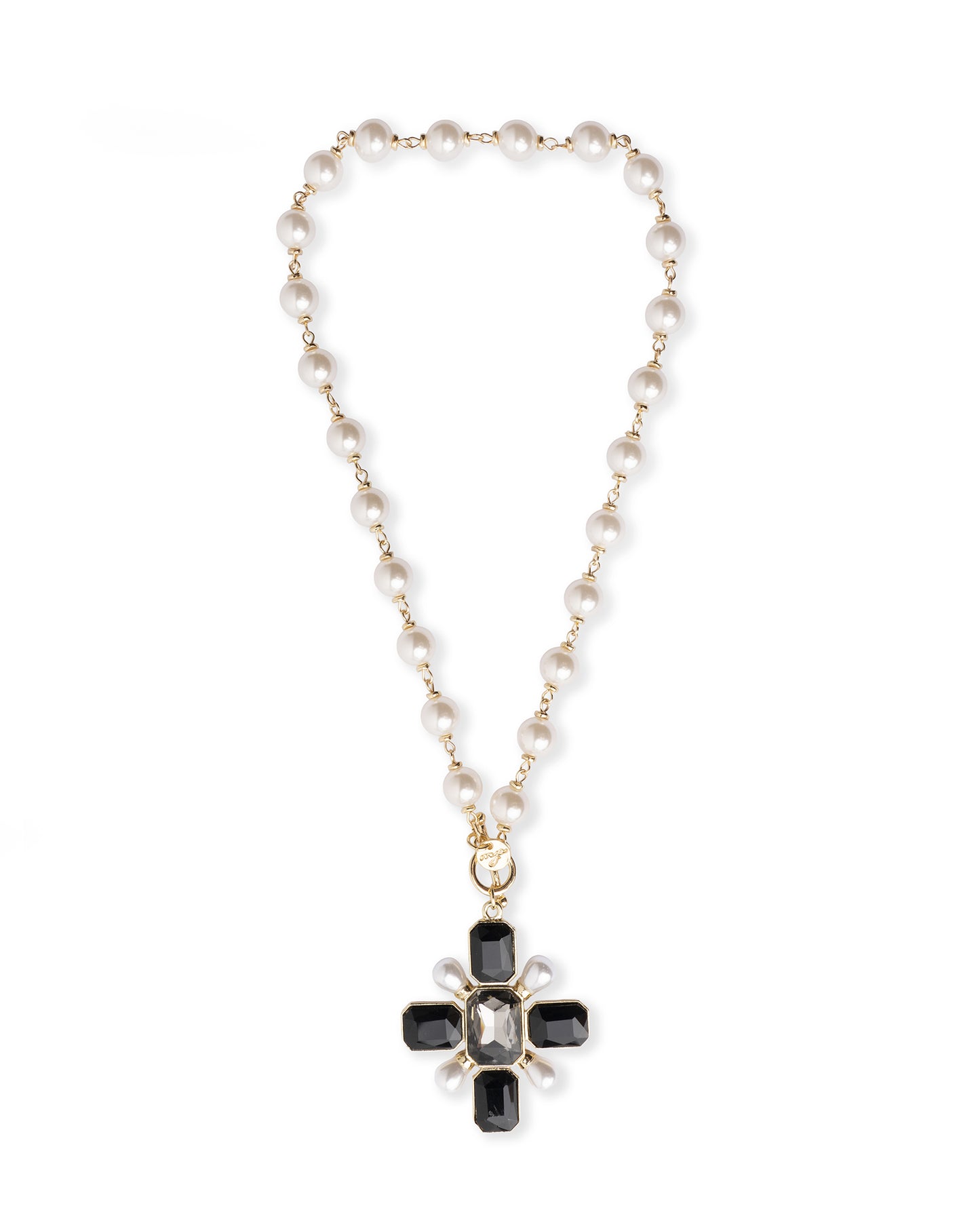 Collana girocollo con sfere in vetro e pendente a croce tono nero