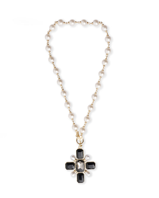 Collana girocollo con sfere in vetro e pendente a croce tono nero