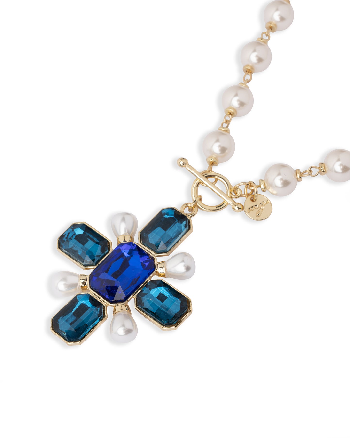 Collana girocollo con sfere in vetro e pendente a croce tono blu