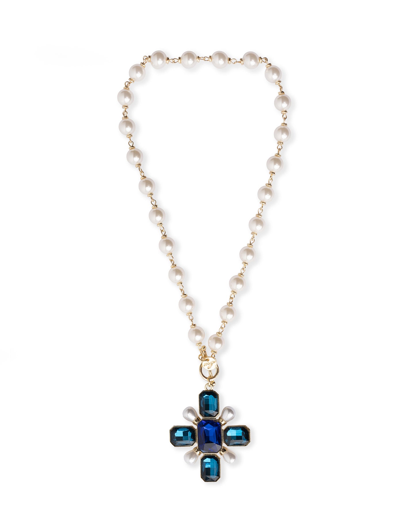 Collana girocollo con sfere in vetro e pendente a croce tono blu
