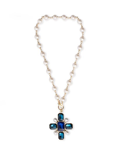 Collana girocollo con sfere in vetro e pendente a croce tono blu