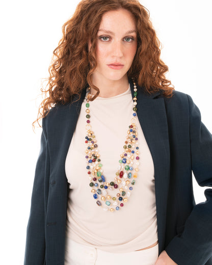 Collana multi filo con pietre in acrilico e vetro multicolore