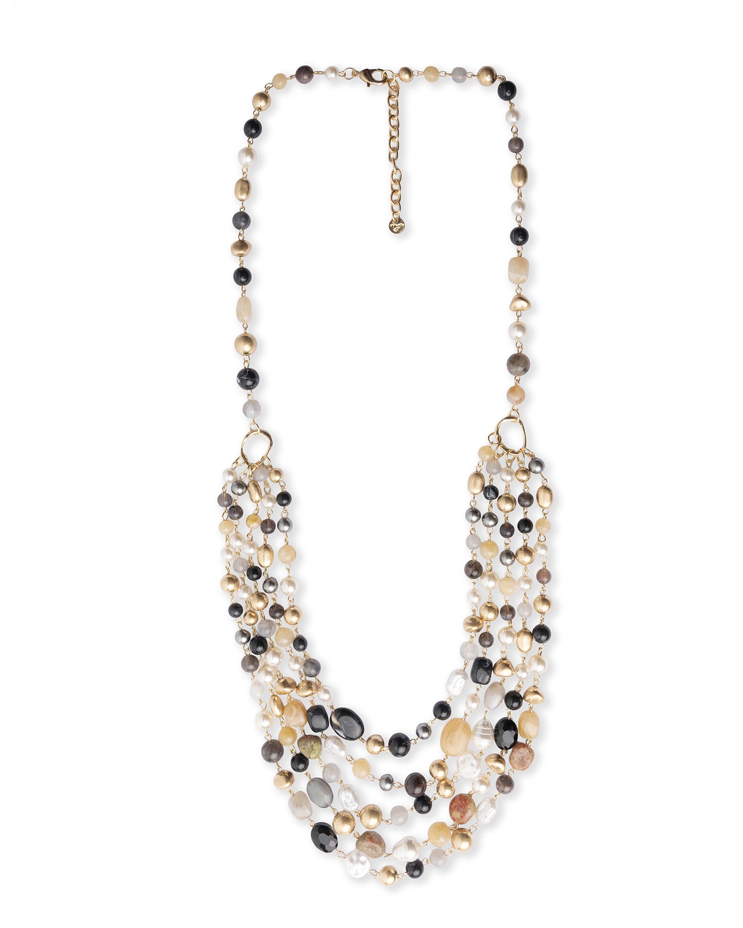 Collana girocollo multi filo con pietre in acrilico e vetro tono beige e nero