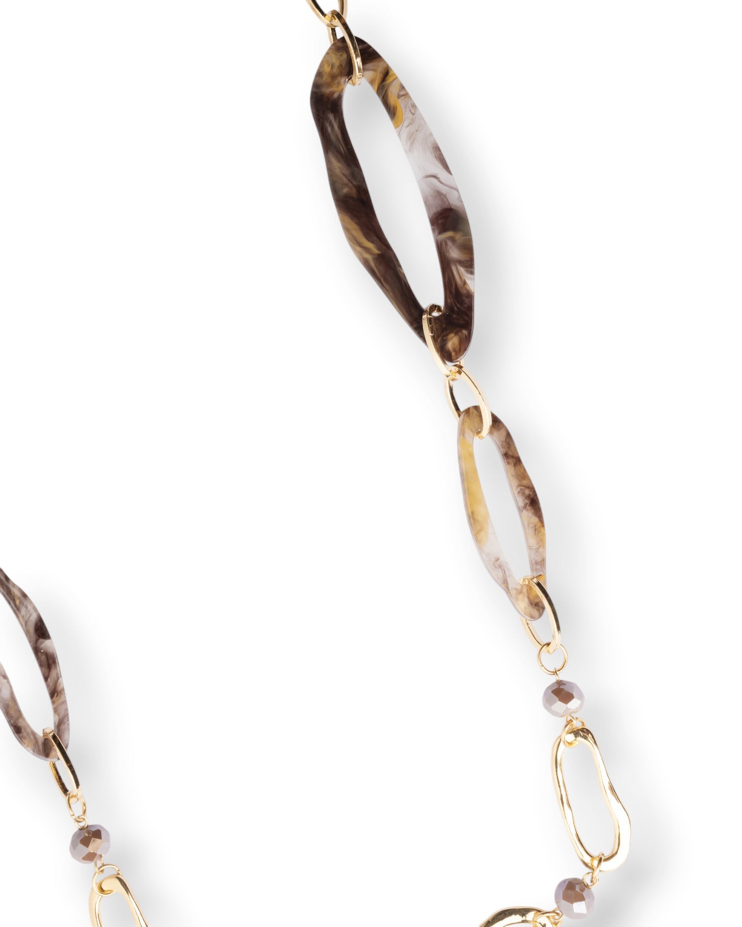Collana lunga con catena in metallo ed inserti in acrilico tono marrone