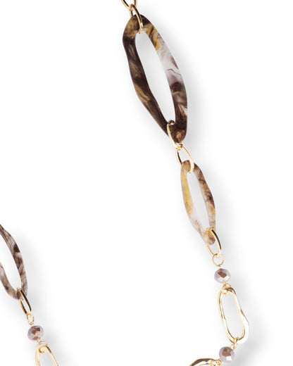Collana lunga con catena in metallo ed inserti in acrilico tono marrone