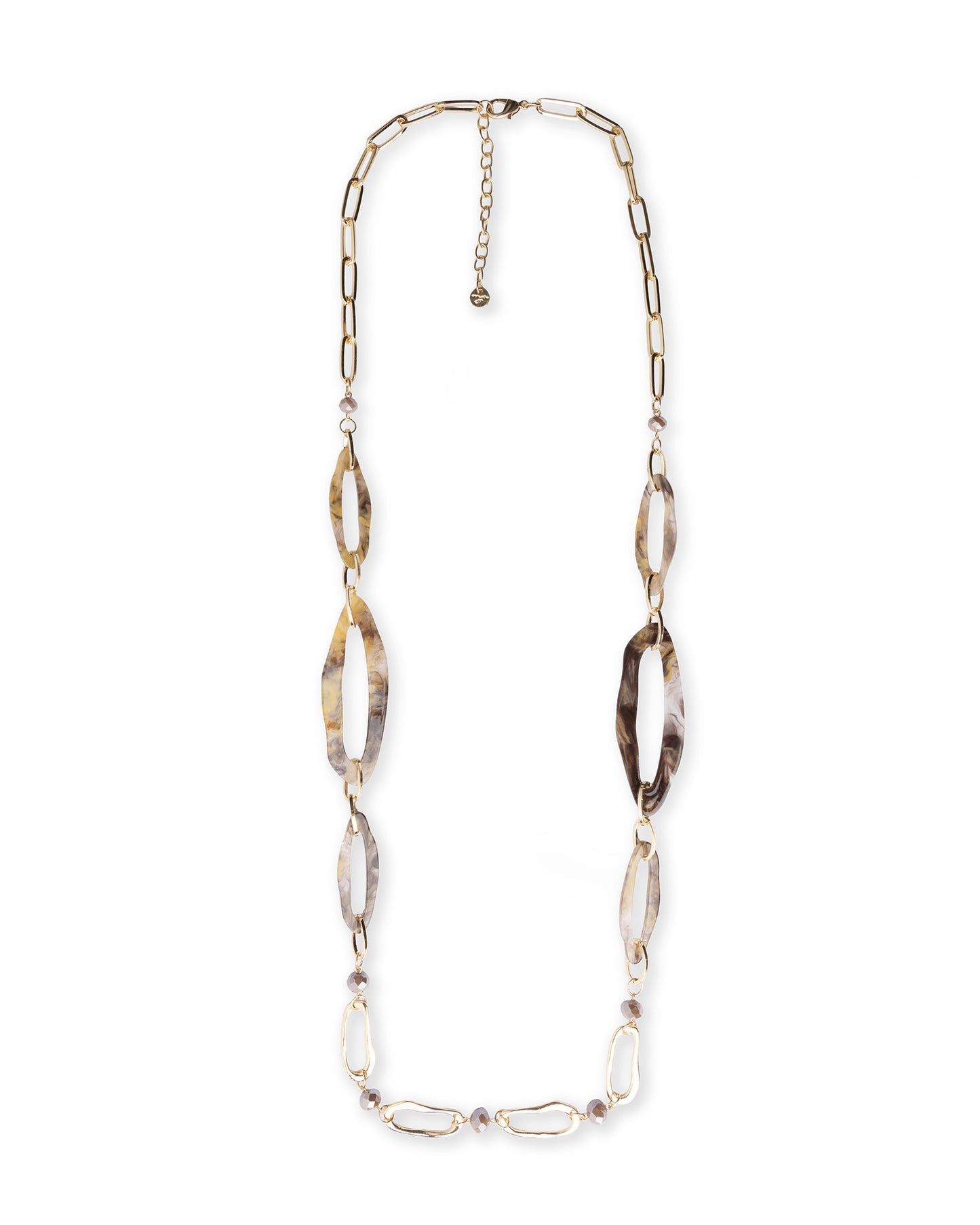 Collana lunga con catena in metallo ed inserti in acrilico tono marrone